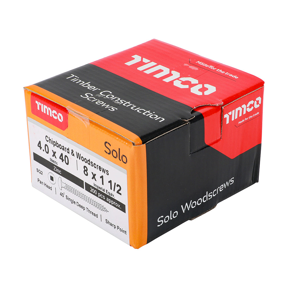 This is an image showing TIMCO Solo Chipboard & Woodscrews - SQ - Pan - Zinc - 4.0 x 40 - 200 Pieces Box available from T.H Wiggans Ironmongery in Kendal, quick delivery at discounted prices.