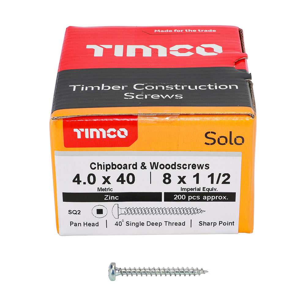 This is an image showing TIMCO Solo Chipboard & Woodscrews - SQ - Pan - Zinc - 4.0 x 40 - 200 Pieces Box available from T.H Wiggans Ironmongery in Kendal, quick delivery at discounted prices.