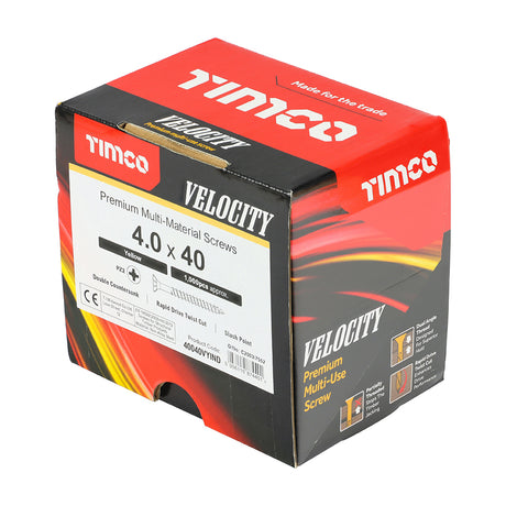 This is an image showing TIMCO Velocity Premium Multi-Use Screws - PZ - Double Countersunk - Yellow - 4.0 x 40 - 1000 Pieces Box available from T.H Wiggans Ironmongery in Kendal, quick delivery at discounted prices.