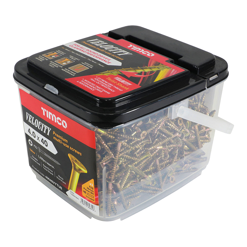 This is an image showing TIMCO Velocity Premium Multi-Use Screws - PZ - Double Countersunk - Yellow
 - 4.0 x 40 - 1200 Pieces Tub available from T.H Wiggans Ironmongery in Kendal, quick delivery at discounted prices.