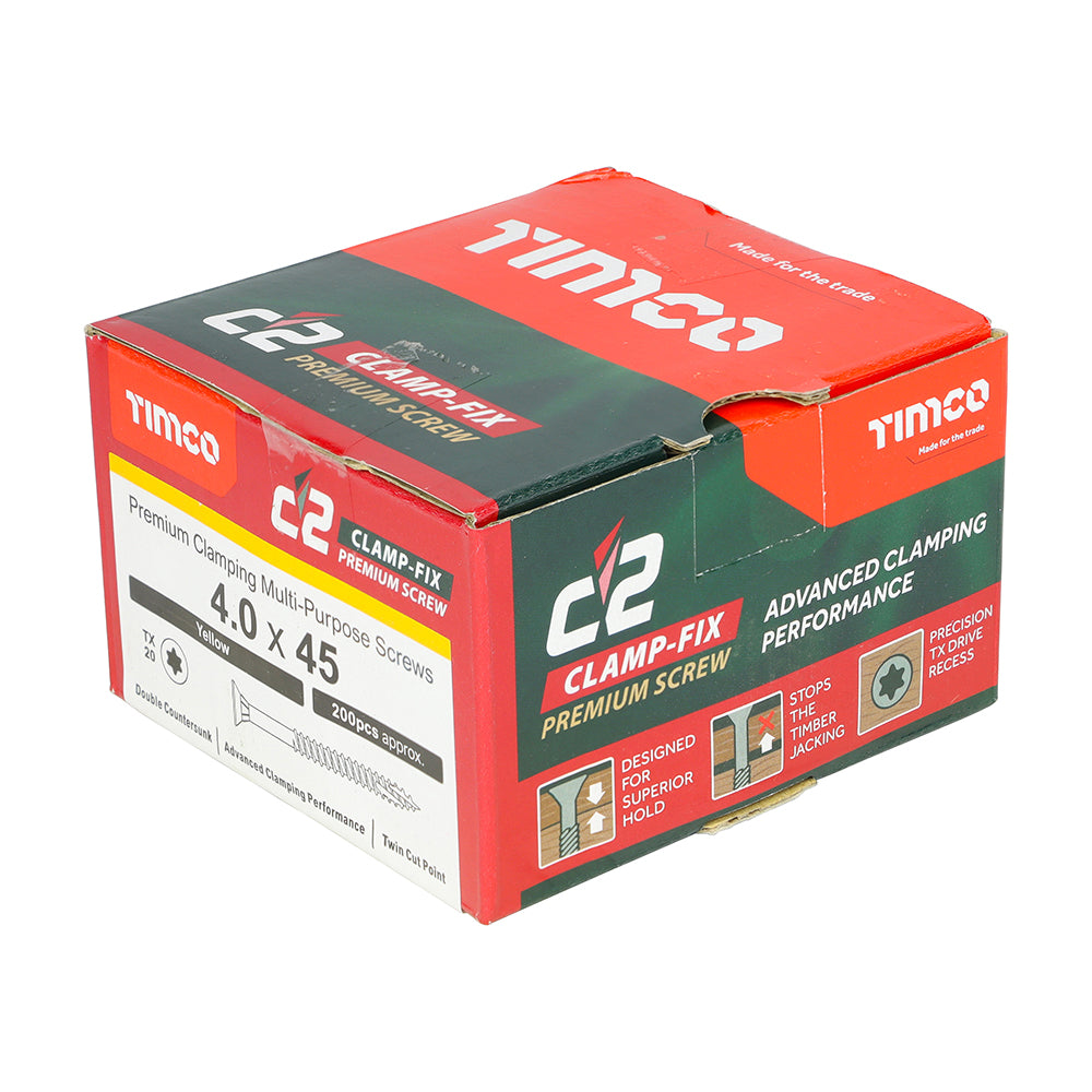 This is an image showing TIMCO C2 Clamp-Fix - TX - Double Countersunk with Ribs - Twin-Cut - Yellow - 4.0 x 45 - 200 Pieces Box available from T.H Wiggans Ironmongery in Kendal, quick delivery at discounted prices.