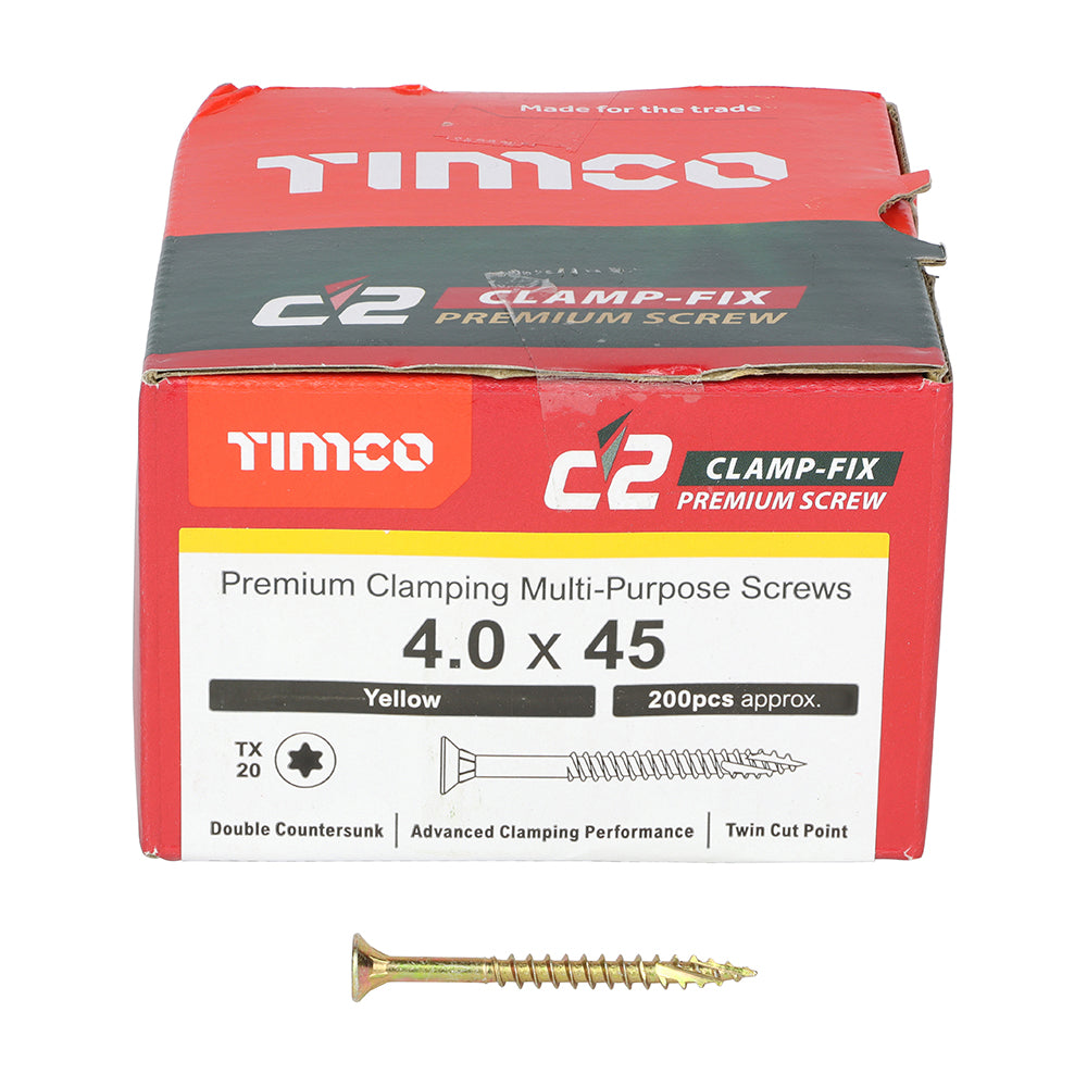 This is an image showing TIMCO C2 Clamp-Fix - TX - Double Countersunk with Ribs - Twin-Cut - Yellow - 4.0 x 45 - 200 Pieces Box available from T.H Wiggans Ironmongery in Kendal, quick delivery at discounted prices.