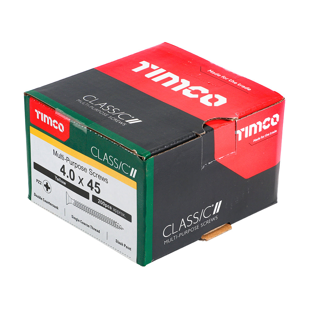 This is an image showing TIMCO Classic Multi-Purpose Screws - PZ - Double Countersunk - Yellow - 4.0 x 45 - 200 Pieces Box available from T.H Wiggans Ironmongery in Kendal, quick delivery at discounted prices.