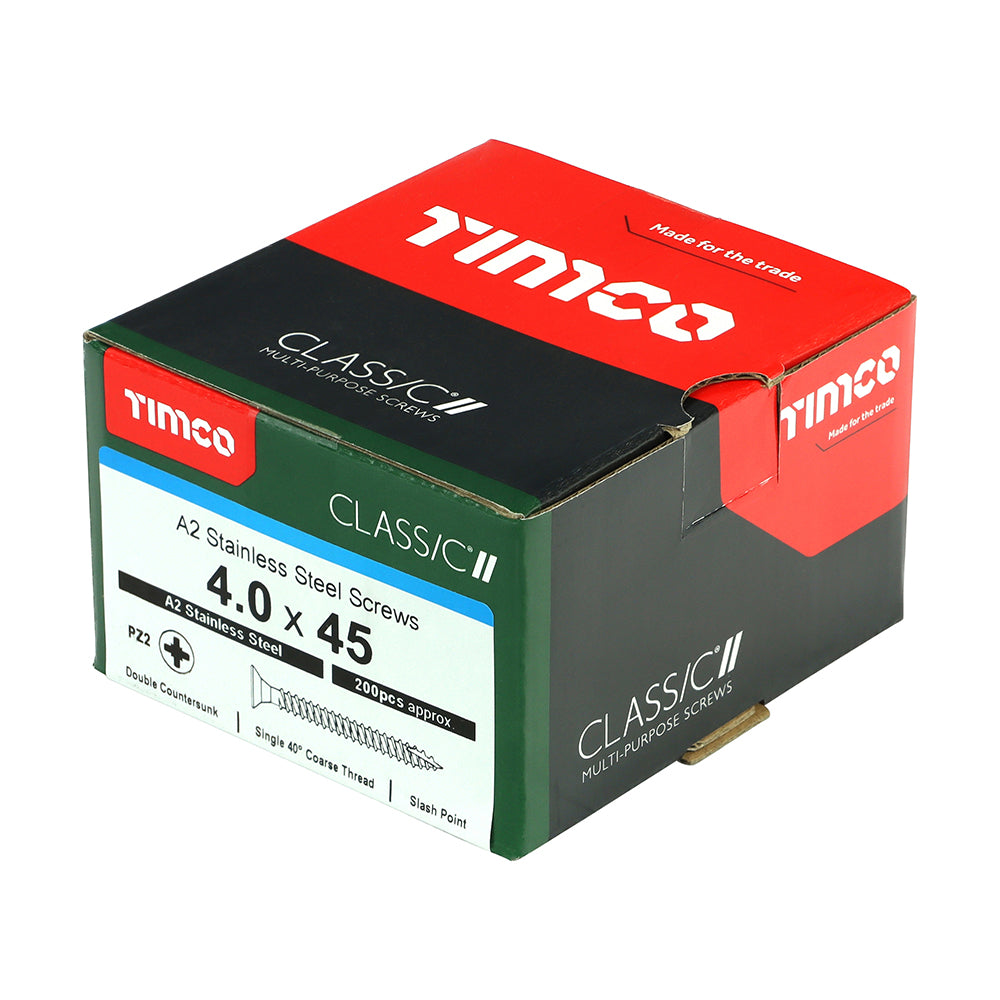 This is an image showing TIMCO Classic Multi-Purpose Screws - PZ - Double Countersunk - A2 Stainless Steel
 - 4.0 x 45 - 200 Pieces Box available from T.H Wiggans Ironmongery in Kendal, quick delivery at discounted prices.