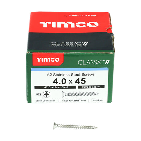 This is an image showing TIMCO Classic Multi-Purpose Screws - PZ - Double Countersunk - A2 Stainless Steel
 - 4.0 x 45 - 200 Pieces Box available from T.H Wiggans Ironmongery in Kendal, quick delivery at discounted prices.