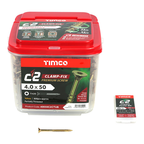 This is an image showing TIMCO C2 Clamp-Fix - TX - Double Countersunk with Ribs - Twin-Cut - Yellow - 4.0 x 50 - 800 Pieces Tub available from T.H Wiggans Ironmongery in Kendal, quick delivery at discounted prices.