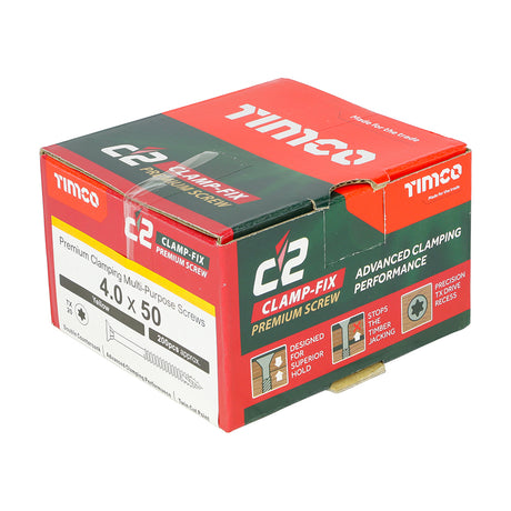 This is an image showing TIMCO C2 Clamp-Fix - TX - Double Countersunk with Ribs - Twin-Cut - Yellow - 4.0 x 50 - 200 Pieces Box available from T.H Wiggans Ironmongery in Kendal, quick delivery at discounted prices.