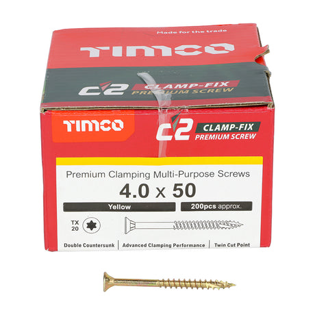 This is an image showing TIMCO C2 Clamp-Fix - TX - Double Countersunk with Ribs - Twin-Cut - Yellow - 4.0 x 50 - 200 Pieces Box available from T.H Wiggans Ironmongery in Kendal, quick delivery at discounted prices.