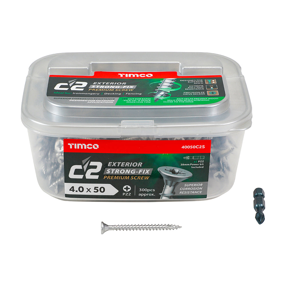 This is an image showing TIMCO C2 Exterior Strong-Fix - PZ - Double Countersunk with Ribs - Twin-Cut - Silver - 4.0 x 50 - 300 Pieces Tub available from T.H Wiggans Ironmongery in Kendal, quick delivery at discounted prices.