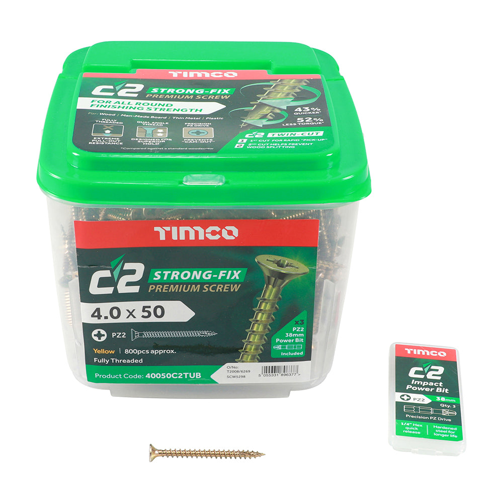 This is an image showing TIMCO C2 Strong-Fix - PZ - Double Countersunk - Twin-Cut - Yellow - 4.0 x 50 - 800 Pieces Tub available from T.H Wiggans Ironmongery in Kendal, quick delivery at discounted prices.