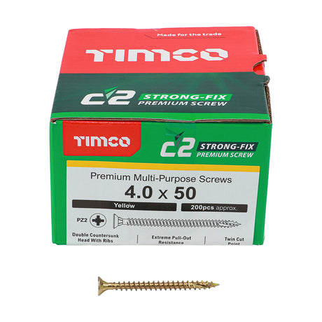 This is an image showing TIMCO C2 Strong-Fix - PZ - Double Countersunk - Twin-Cut - Yellow - 4.0 x 50 - 200 Pieces Box available from T.H Wiggans Ironmongery in Kendal, quick delivery at discounted prices.