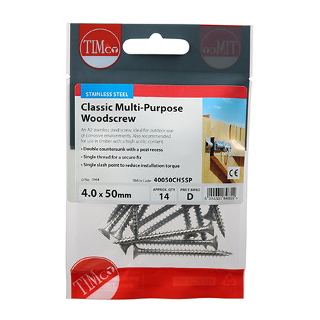 This is an image showing TIMCO Classic Multi-Purpose Screws - PZ - Double Countersunk - Stainless Steel - 4.0 x 50 - 14 Pieces TIMpac available from T.H Wiggans Ironmongery in Kendal, quick delivery at discounted prices.