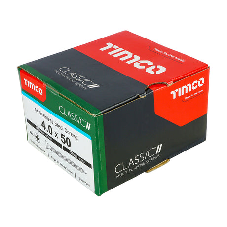 This is an image showing TIMCO Classic Multi-Purpose Screws - PZ - Double Countersunk - A4 Stainless Steel
 - 4.0 x 50 - 200 Pieces Box available from T.H Wiggans Ironmongery in Kendal, quick delivery at discounted prices.