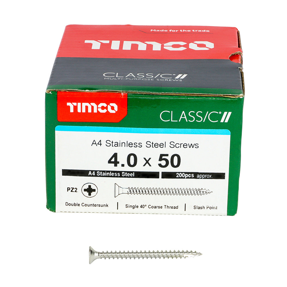 This is an image showing TIMCO Classic Multi-Purpose Screws - PZ - Double Countersunk - A4 Stainless Steel
 - 4.0 x 50 - 200 Pieces Box available from T.H Wiggans Ironmongery in Kendal, quick delivery at discounted prices.