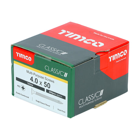 This is an image showing TIMCO Classic Multi-Purpose Screws - PZ - Double Countersunk - Yellow - 4.0 x 50 - 200 Pieces Box available from T.H Wiggans Ironmongery in Kendal, quick delivery at discounted prices.