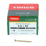 This is an image showing TIMCO Classic Multi-Purpose Screws - PZ - Double Countersunk - Yellow - 4.0 x 50 - 200 Pieces Box available from T.H Wiggans Ironmongery in Kendal, quick delivery at discounted prices.