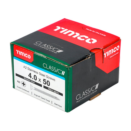 This is an image showing TIMCO Classic Multi-Purpose Screws - PZ - Double Countersunk - A2 Stainless Steel
 - 4.0 x 50 - 200 Pieces Box available from T.H Wiggans Ironmongery in Kendal, quick delivery at discounted prices.