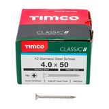 This is an image showing TIMCO Classic Multi-Purpose Screws - PZ - Double Countersunk - A2 Stainless Steel
 - 4.0 x 50 - 200 Pieces Box available from T.H Wiggans Ironmongery in Kendal, quick delivery at discounted prices.