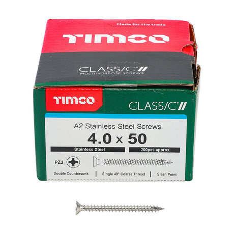 This is an image showing TIMCO Classic Multi-Purpose Screws - PZ - Double Countersunk - A2 Stainless Steel
 - 4.0 x 50 - 200 Pieces Box available from T.H Wiggans Ironmongery in Kendal, quick delivery at discounted prices.