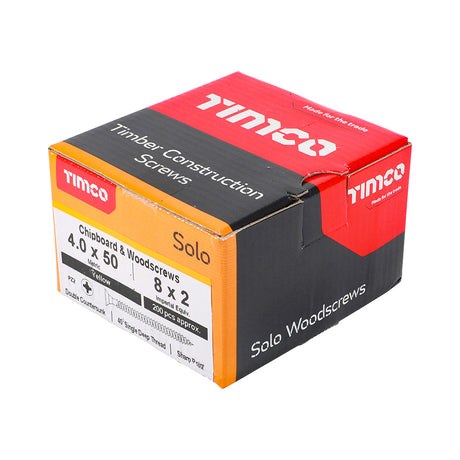 This is an image showing TIMCO Solo Chipboard & Woodscrews - PZ - Double Countersunk - Yellow - 4.0 x 50 - 200 Pieces Box available from T.H Wiggans Ironmongery in Kendal, quick delivery at discounted prices.