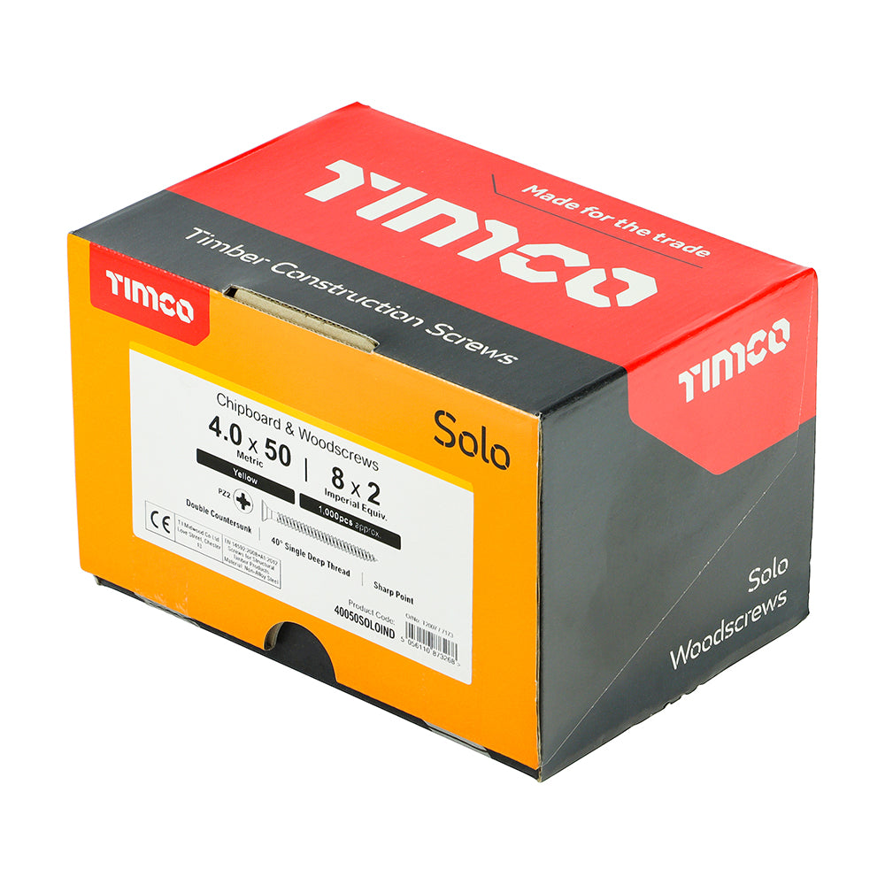 This is an image showing TIMCO Solo Chipboard & Woodscrews - Industry Pack - PZ - Double Countersunk - Yellow - 4.0 x 50 - 1000 Pieces Box available from T.H Wiggans Ironmongery in Kendal, quick delivery at discounted prices.