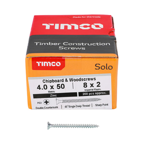 This is an image showing TIMCO Solo Chipboard & Woodscrews - PZ - Double Countersunk - Zinc - 4.0 x 50 - 200 Pieces Box available from T.H Wiggans Ironmongery in Kendal, quick delivery at discounted prices.