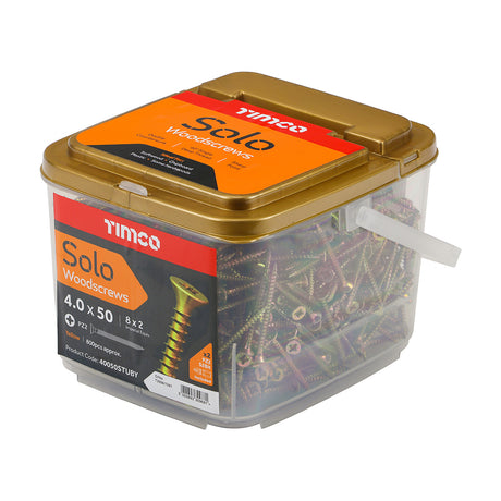 This is an image showing TIMCO Solo Woodscrews - PZ - Double Countersunk - Yellow - 4.0 x 50 - 800 Pieces Tub available from T.H Wiggans Ironmongery in Kendal, quick delivery at discounted prices.