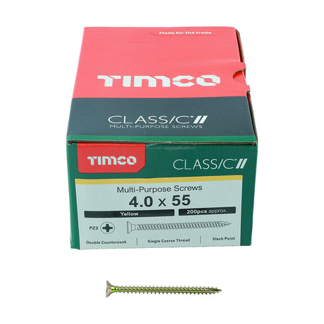 This is an image showing TIMCO Classic Multi-Purpose Screws - PZ - Double Countersunk - Yellow - 4.0 x 55 - 200 Pieces Box available from T.H Wiggans Ironmongery in Kendal, quick delivery at discounted prices.