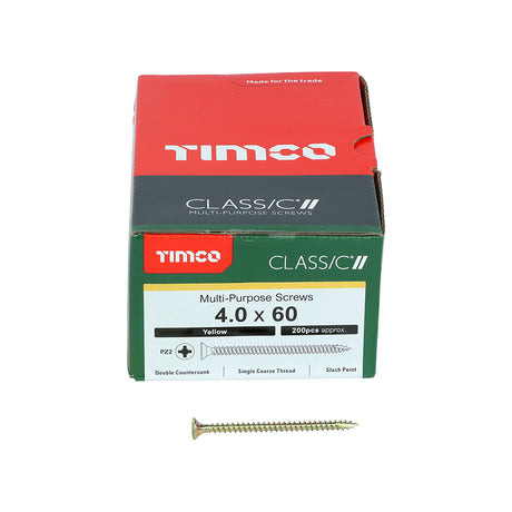 This is an image showing TIMCO Classic Multi-Purpose Screws - PZ - Double Countersunk - Yellow - 4.0 x 60 - 200 Pieces Box available from T.H Wiggans Ironmongery in Kendal, quick delivery at discounted prices.