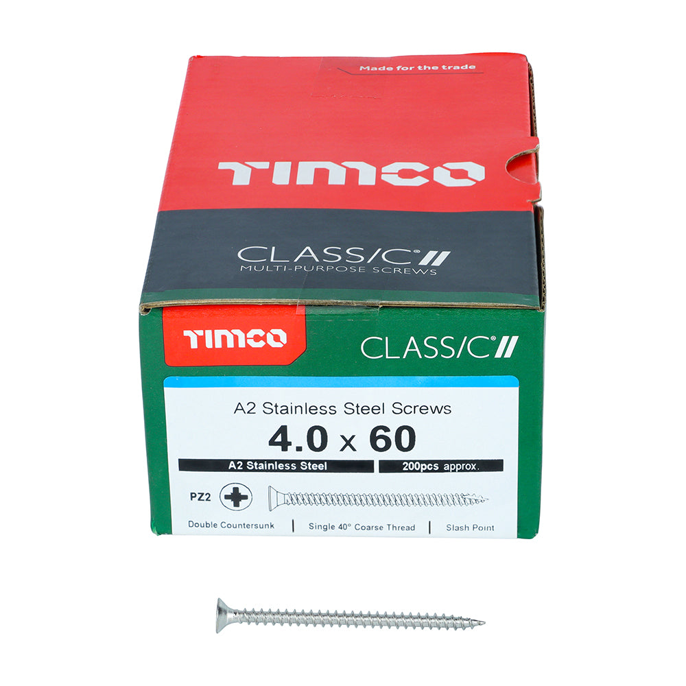 This is an image showing TIMCO Classic Multi-Purpose Screws - PZ - Double Countersunk - A2 Stainless Steel
 - 4.0 x 60 - 200 Pieces Box available from T.H Wiggans Ironmongery in Kendal, quick delivery at discounted prices.