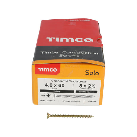 This is an image showing TIMCO Solo Chipboard & Woodscrews - PZ - Double Countersunk - Yellow - 4.0 x 60 - 200 Pieces Box available from T.H Wiggans Ironmongery in Kendal, quick delivery at discounted prices.