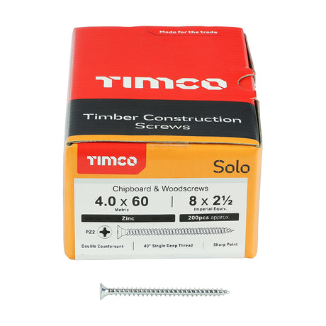 This is an image showing TIMCO Solo Chipboard & Woodscrews - PZ - Double Countersunk - Zinc - 4.0 x 60 - 200 Pieces Box available from T.H Wiggans Ironmongery in Kendal, quick delivery at discounted prices.