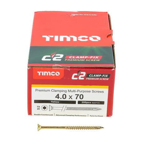 This is an image showing TIMCO C2 Clamp-Fix - TX - Double Countersunk with Ribs - Twin-Cut - Yellow - 4.0 x 70 - 200 Pieces Box available from T.H Wiggans Ironmongery in Kendal, quick delivery at discounted prices.