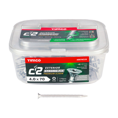 This is an image showing TIMCO C2 Exterior Strong-Fix - PZ - Double Countersunk with Ribs - Twin-Cut - Silver - 4.0 x 70 - 170 Pieces Tub available from T.H Wiggans Ironmongery in Kendal, quick delivery at discounted prices.