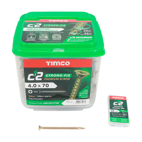 This is an image showing TIMCO C2 Strong-Fix - PZ - Double Countersunk - Twin-Cut - Yellow - 4.0 x 70 - 500 Pieces Tub available from T.H Wiggans Ironmongery in Kendal, quick delivery at discounted prices.