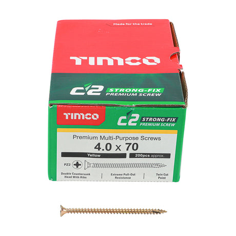 This is an image showing TIMCO C2 Strong-Fix - PZ - Double Countersunk - Twin-Cut - Yellow - 4.0 x 70 - 200 Pieces Box available from T.H Wiggans Ironmongery in Kendal, quick delivery at discounted prices.