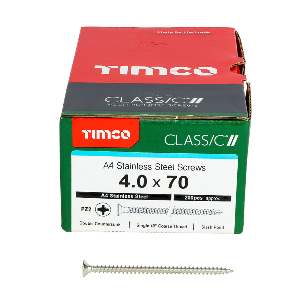 This is an image showing TIMCO Classic Multi-Purpose Screws - PZ - Double Countersunk - A4 Stainless Steel
 - 4.0 x 70 - 200 Pieces Box available from T.H Wiggans Ironmongery in Kendal, quick delivery at discounted prices.