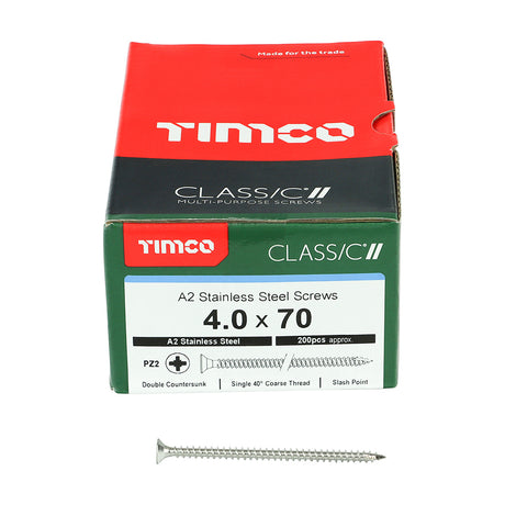 This is an image showing TIMCO Classic Multi-Purpose Screws - PZ - Double Countersunk - A2 Stainless Steel
 - 4.0 x 70 - 200 Pieces Box available from T.H Wiggans Ironmongery in Kendal, quick delivery at discounted prices.