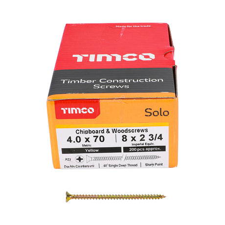 This is an image showing TIMCO Solo Chipboard & Woodscrews - PZ - Double Countersunk - Yellow - 4.0 x 70 - 200 Pieces Box available from T.H Wiggans Ironmongery in Kendal, quick delivery at discounted prices.