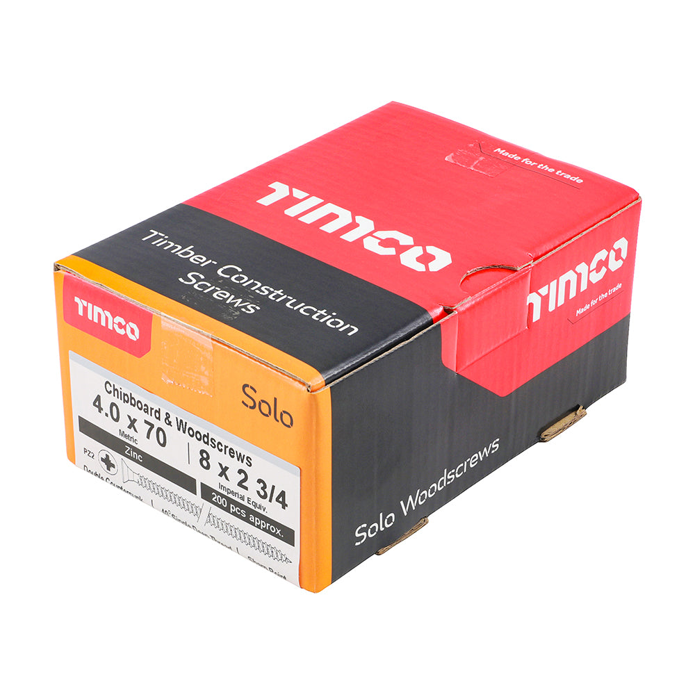 This is an image showing TIMCO Solo Chipboard & Woodscrews - PZ - Double Countersunk - Zinc - 4.0 x 70 - 200 Pieces Box available from T.H Wiggans Ironmongery in Kendal, quick delivery at discounted prices.