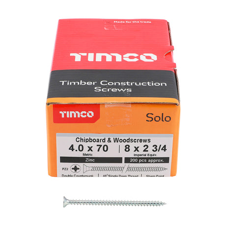 This is an image showing TIMCO Solo Chipboard & Woodscrews - PZ - Double Countersunk - Zinc - 4.0 x 70 - 200 Pieces Box available from T.H Wiggans Ironmongery in Kendal, quick delivery at discounted prices.