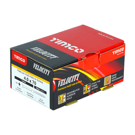 This is an image showing TIMCO Velocity Premium Multi-Use Screws - PZ - Double Countersunk - Yellow
 - 4.0 x 70 - 200 Pieces Box available from T.H Wiggans Ironmongery in Kendal, quick delivery at discounted prices.