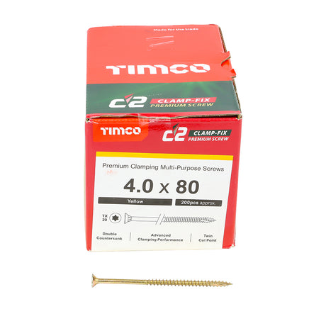 This is an image showing TIMCO C2 Clamp-Fix - TX - Double Countersunk with Ribs - Twin-Cut - Yellow - 4.0 x 80 - 200 Pieces Box available from T.H Wiggans Ironmongery in Kendal, quick delivery at discounted prices.