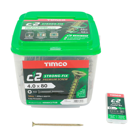 This is an image showing TIMCO C2 Strong-Fix - PZ - Double Countersunk - Twin-Cut - Yellow - 4.0 x 80 - 400 Pieces Tub available from T.H Wiggans Ironmongery in Kendal, quick delivery at discounted prices.