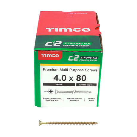 This is an image showing TIMCO C2 Strong-Fix - PZ - Double Countersunk - Twin-Cut - Yellow - 4.0 x 80 - 200 Pieces Box available from T.H Wiggans Ironmongery in Kendal, quick delivery at discounted prices.