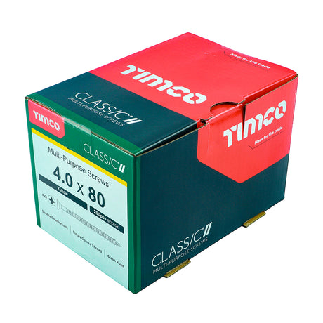 This is an image showing TIMCO Classic Multi-Purpose Screws - PZ - Double Countersunk - Yellow - 4.0 x 80 - 200 Pieces Box available from T.H Wiggans Ironmongery in Kendal, quick delivery at discounted prices.