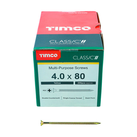 This is an image showing TIMCO Classic Multi-Purpose Screws - PZ - Double Countersunk - Yellow - 4.0 x 80 - 200 Pieces Box available from T.H Wiggans Ironmongery in Kendal, quick delivery at discounted prices.