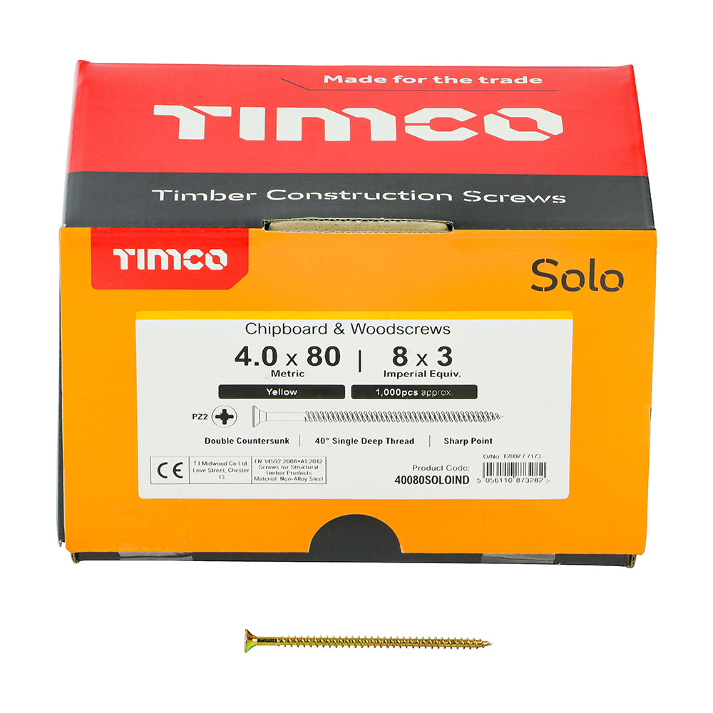 This is an image showing TIMCO Solo Chipboard & Woodscrews - Industry Pack - PZ - Double Countersunk - Yellow - 4.0 x 80 - 1000 Pieces Box available from T.H Wiggans Ironmongery in Kendal, quick delivery at discounted prices.