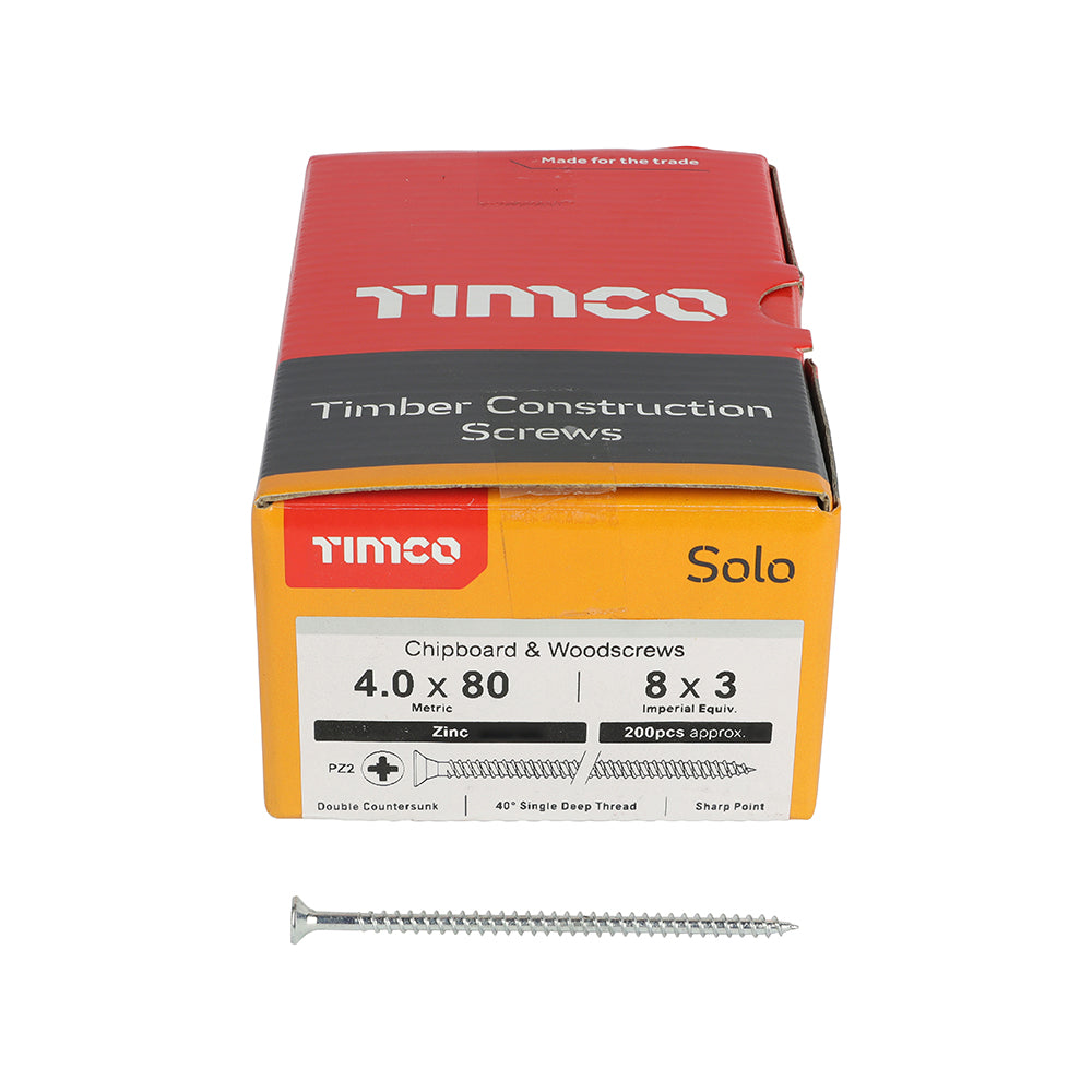 This is an image showing TIMCO Solo Chipboard & Woodscrews - PZ - Double Countersunk - Zinc - 4.0 x 80 - 200 Pieces Box available from T.H Wiggans Ironmongery in Kendal, quick delivery at discounted prices.