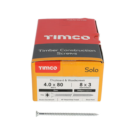 This is an image showing TIMCO Solo Chipboard & Woodscrews - PZ - Double Countersunk - Zinc - 4.0 x 80 - 200 Pieces Box available from T.H Wiggans Ironmongery in Kendal, quick delivery at discounted prices.